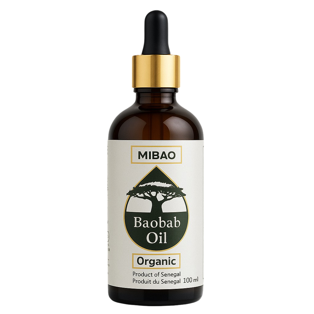 Flacon de 100ml d’huile de baobab bio Mibao, produit naturel et éthique du Sénégal.
